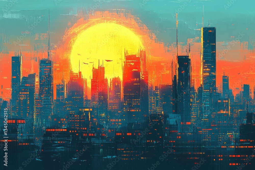 A stylized urban cityscape silhouetted against a vibrant sunset A stylized urban cityscape silhouetted against a vibrant sunset
