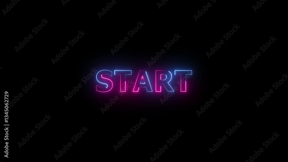 Start text motion graphic. movie, present, presentation, ending text animation with glitch animated on black background. start text animated text word neon electric blue start 4k looping.