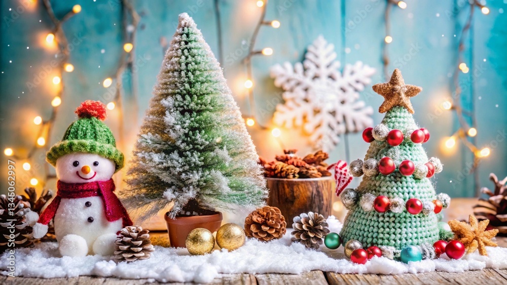 Fototapeta premium Cozy Christmas scene with cute pines, bright green background, merry snowflakes, and festive holly accents