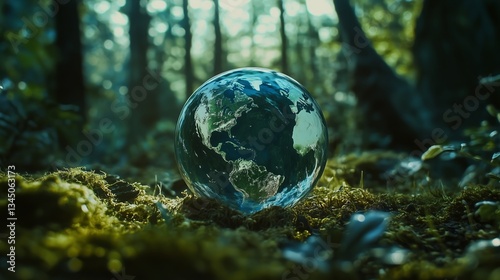 grüne Weltkugel, umgeben von Moos, symbolisiert Nachhaltigkeit und die Schönheit der Natur im Einklang mit der Umwelt