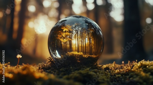 Wald Ökologie: Glaskugel mit Bäumen im Sonnenuntergang symbolisiert abgeschlossenes Ökosystem, Nachhaltigkeit