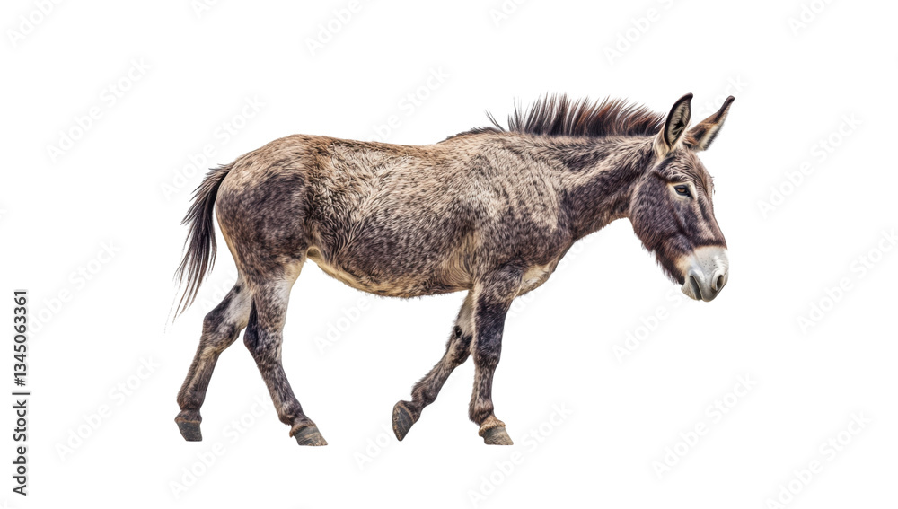 Walking donkey with mottled coat on a transparent background Farm animal portrait of a gray and brown donkey in motion Concept of livestock, agriculture, and rural life Walking donkey with mottled coat on a transparent background Farm animal portrait of a gray and brown donkey in motion Concept of livestock, agriculture, and rural life