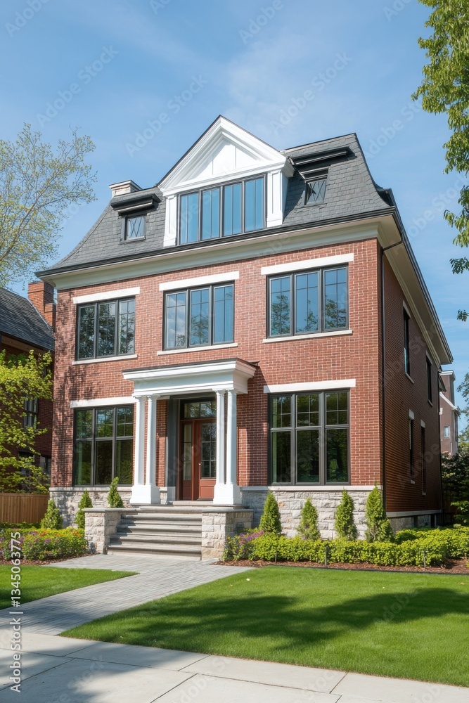 Charming brick home featuring expansive windows and a beautifully manicured lawn, nestled within a serene suburban neighborhood under a bright, sunny sky Charming brick home featuring expansive windows and a beautifully manicured lawn, nestled within a serene suburban neighborhood under a bright, sunny sky