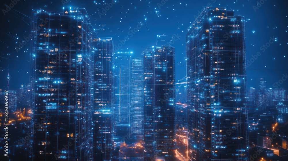 Futuristic city skyline at night with digital network overlay. Possible use Stock photo for technology, future, city, urban, and background Futuristic city skyline at night with digital network overlay. Possible use Stock photo for technology, future, city, urban, and background