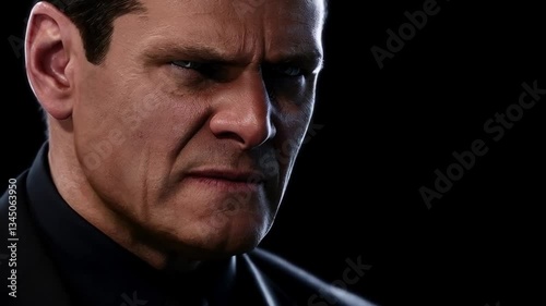 Intense Gaze: A close-up portrait of a serious looking man, his intense gaze and furrowed brow reflecting deep thought or determination, set against a dark background.