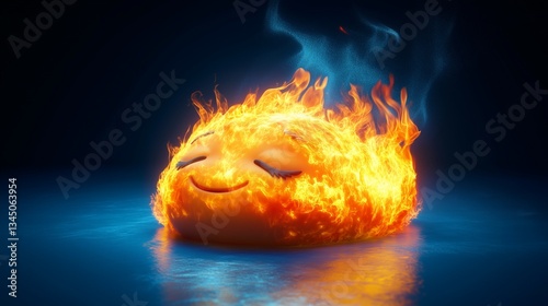 High Contrast Image of a Sleepy Emoji in Flames, Vivid Fire Visual on Deep Blue