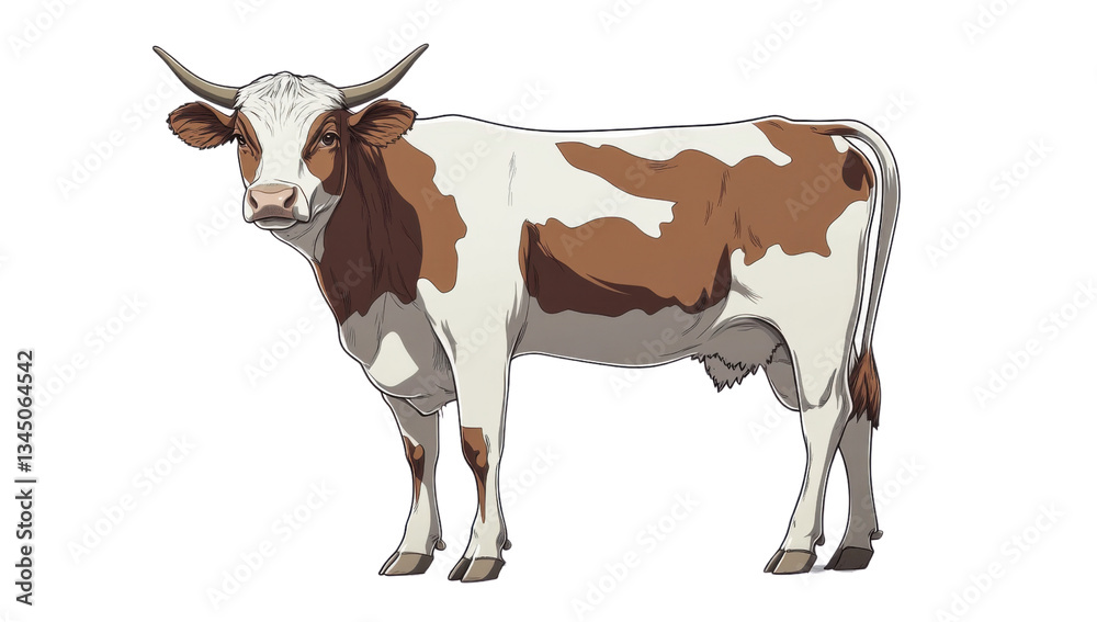 Cartoon illustration of a brown and white horned cow standing on a transparent background, showcasing farm animal and dairy concept Cartoon illustration of a brown and white horned cow standing on a transparent background, showcasing farm animal and dairy concept