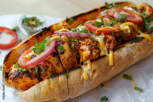 gourmet fusion sandwiches, picture a tandoori chicken baguette with cheddar against a white backdrop
