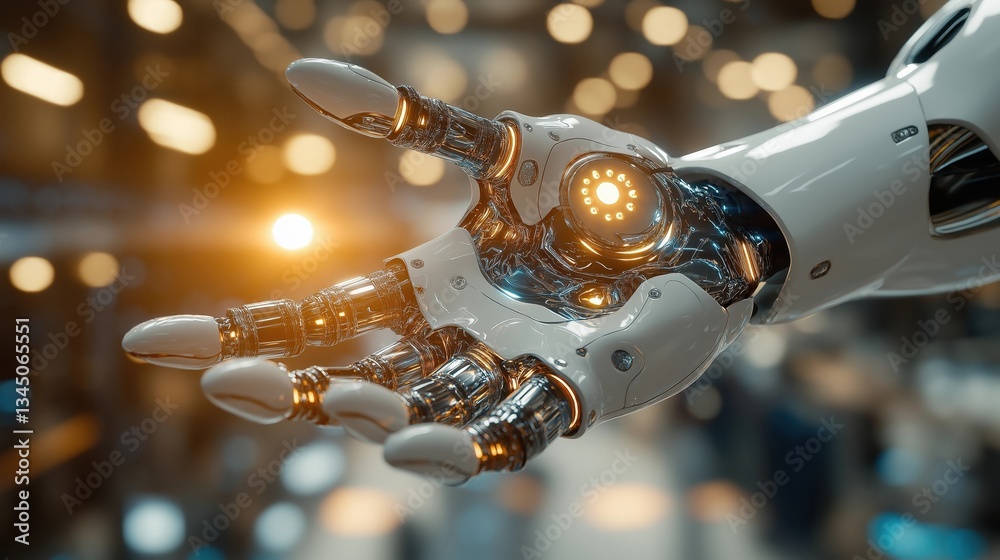 Futuristic robotic hand with white and metallic details extended forward in a high-tech environment, symbolizing AI, automation, and advanced robotics. Futuristic robotic hand with white and metallic details extended forward in a high-tech environment, symbolizing AI, automation, and advanced robotics.