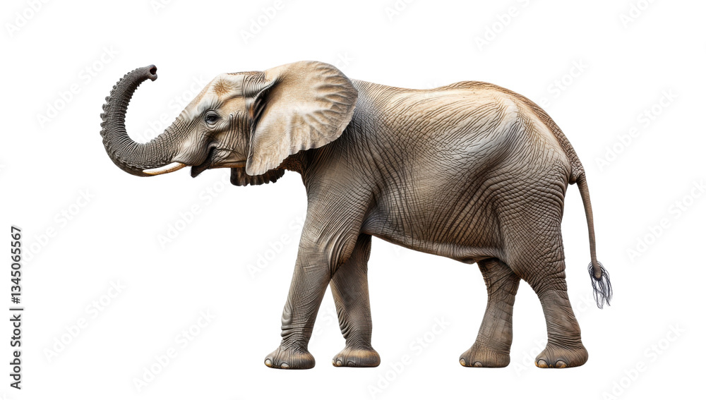 Fototapeta premium Majestic African elephant with trunk raised on transparent background Side view of a large mammal with detailed skin texture Concept of wildlife, conservation, and safari
