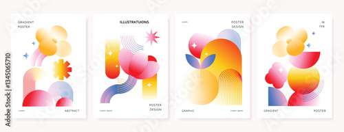 Modern gradient poster background vector set. Minimalist cover template with vibrant perspective geometric prism shapes and line. Ideal design for social media, cover, banner, flyer.