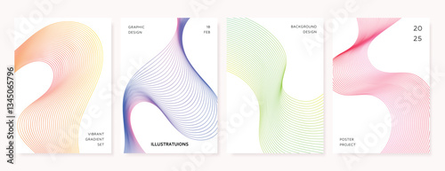 Abstract line wave poster background vector set. Minimalist cover template with vibrant perspective line wave in motion. Ideal design for social media, cover, banner, flyer, music, ads.