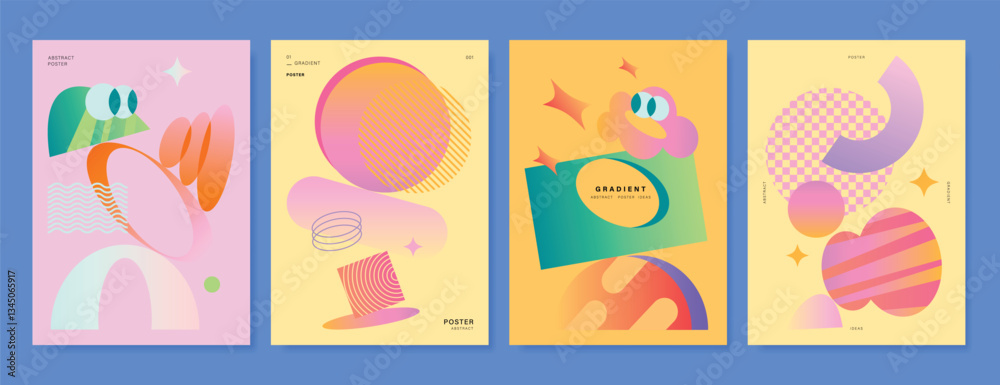 Modern gradient poster background vector set. Minimalist cover template with vibrant perspective geometric prism shapes and funny shape. Ideal design for social media, cover, banner, flyer. Modern gradient poster background vector set. Minimalist cover template with vibrant perspective geometric prism shapes and funny shape. Ideal design for social media, cover, banner, flyer.