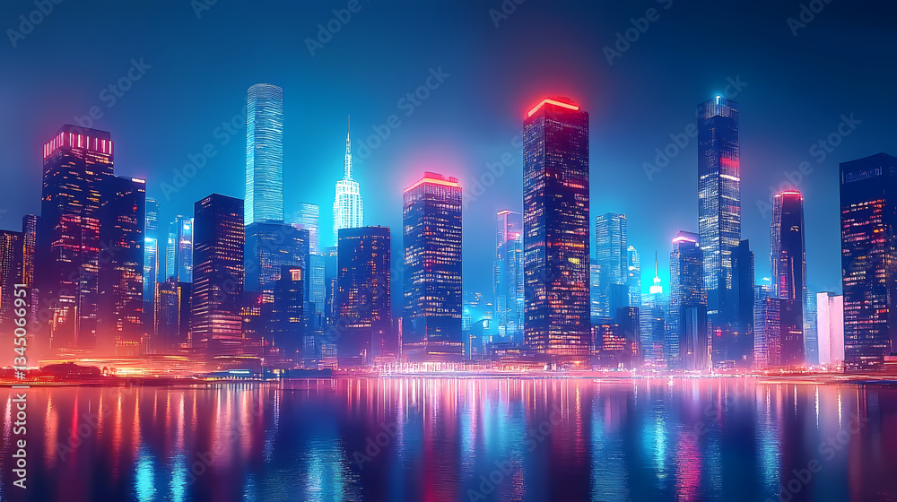 Fototapeta premium City Nightscape with Reflections on Water