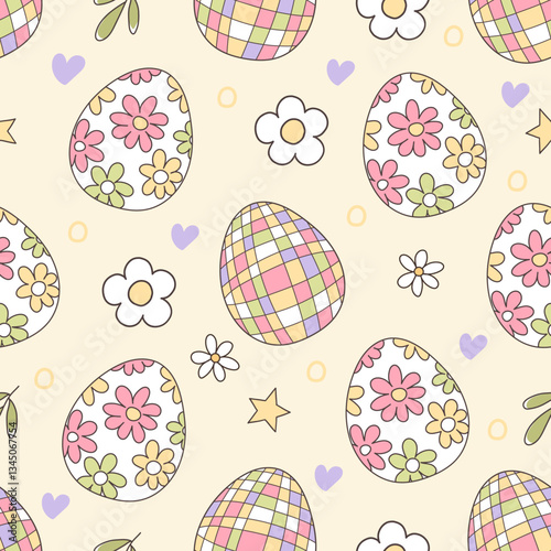 Easter Day Seamless Pattern with Groovy Easter Egg Seamless Pattern Fabric Vector