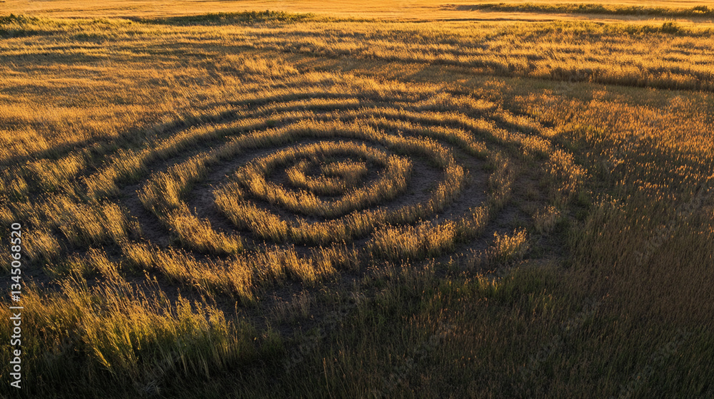 Naklejka premium Aerial view of a spiral pattern in a golden grassy field during sunset, showcasing nature's art