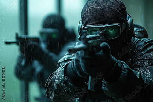 Special forces soldiers prepare for an operation during a heavy rain at a tactical training facility