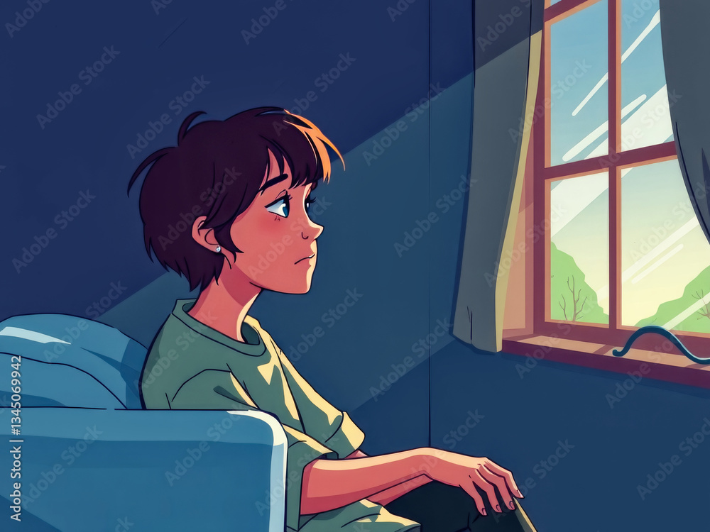A boy is sitting in a chair by a window. He is looking out the window and he is sad