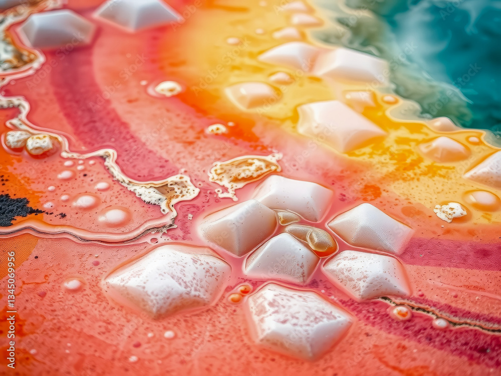 A colorful, abstract painting with a lot of white and orange shapes. The painting has a lot of texture and seems to be made of sand