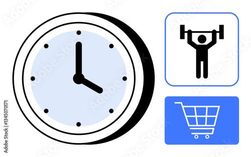 Clock indicating time alongside gym weightlifting and shopping cart icons, symbolizing time balance, scheduling. Ideal for productivity, planning, multitasking, lifestyle, wellness, priorities flat