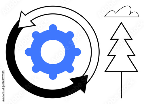 Gear with circular arrow, tree, and cloud elements combine to illustrate eco-friendly processes, sustainability, environmental innovation, and integration of technology with nature. Ideal