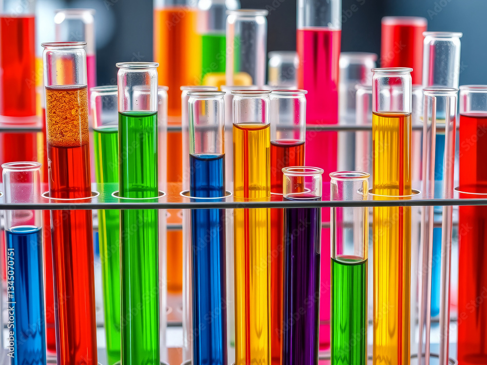 A row of colorful glass beakers filled with various colored liquids. The colors are vibrant and the beakers are arranged in a neat row. Concept of scientific experimentation and discovery