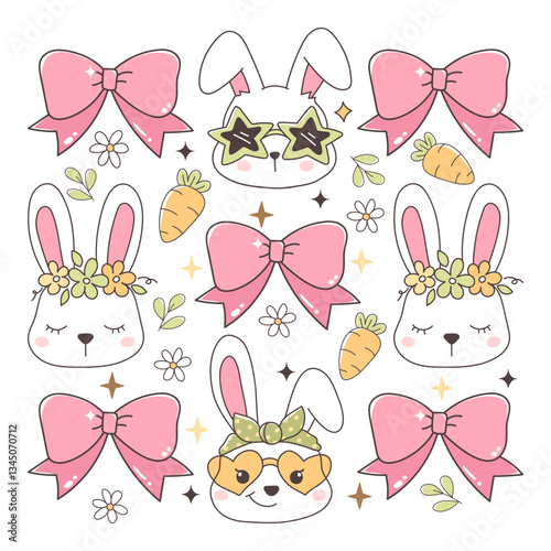 Easter Day T Shirt Design with Coquette Easter Bunny Disco Rabbit Trendy and Pink Ribbon Bows Hand Drawn Design Vector
