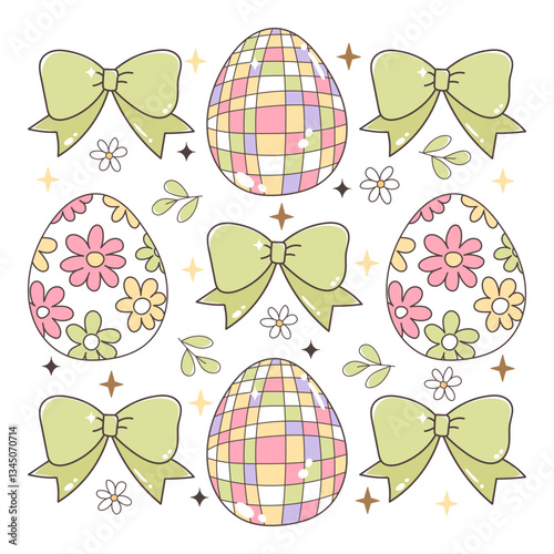 Easter Day T Shirt Design with Coquette Easter Eggs Disco Eggs Trendy and Lemon Ribbon Bows Hand Drawn Design Vector
