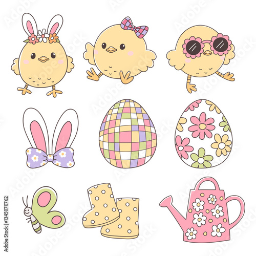 Easter Day Design with Disco Chick Trendy and Spring Elements Hand Drawn Design Vector