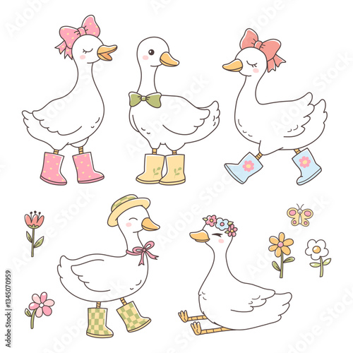 Spring Animals with Silly Goose and Flowers Doodle Hand Drawn Vector