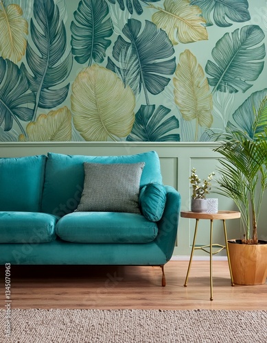 Chair and turquoise sofa in green living room interior with leaves wallpaper and table. Generated image