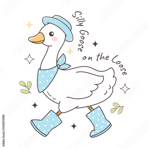 Spring Goose Design with Silly Goose on the Loose Trendy Blue for Boy Hand Drawn Design Vector