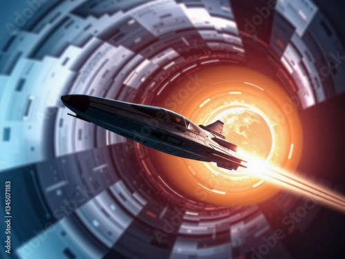Obraz na płótnie A spaceship is flying through a tunnel with a bright orange light in the background. The tunnel is long and narrow, and the spaceship is the only object visible. Scene is mysterious and adventurous w salonie