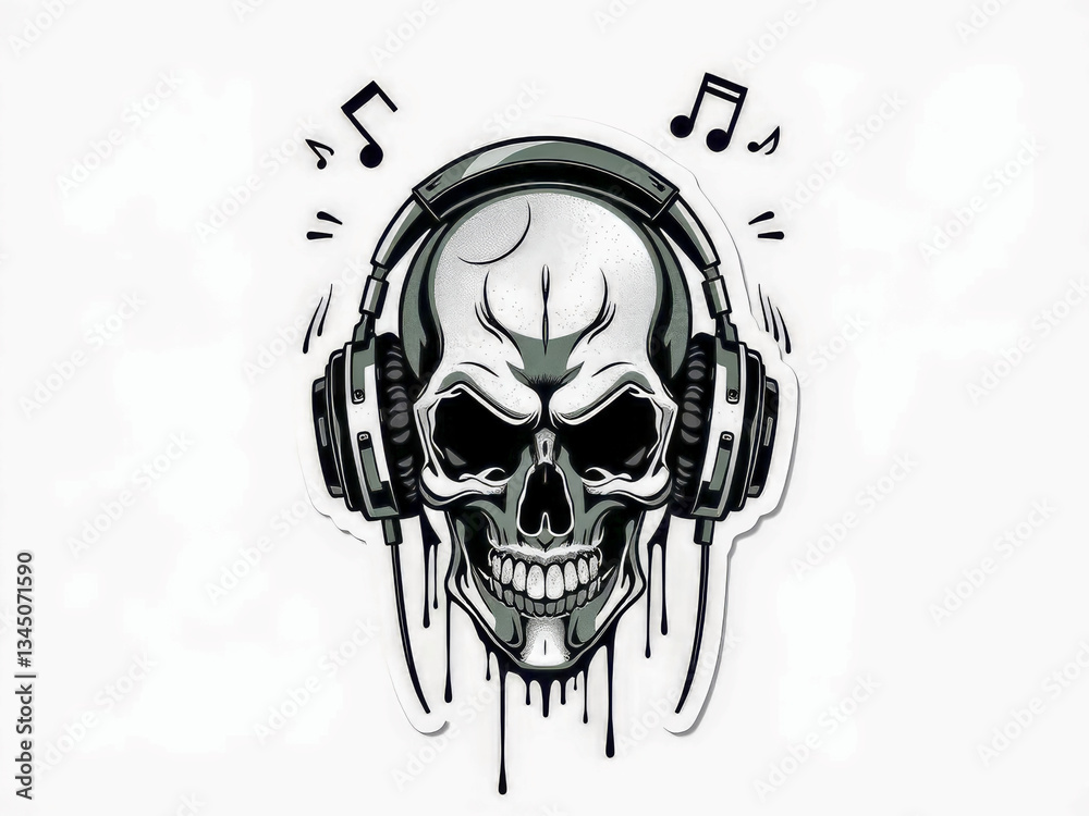 Skull with headphones on it. The skull is wearing headphones and has a smile on its face