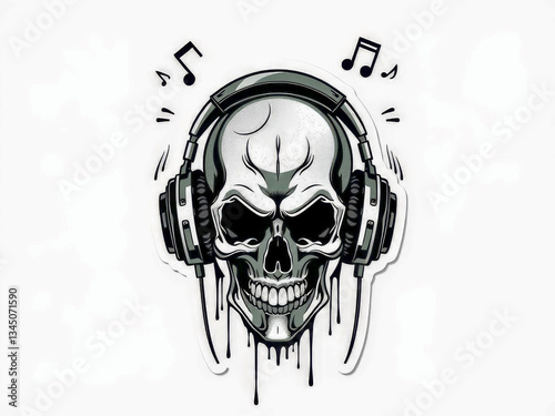 Obraz na płótnie Skull with headphones on it. The skull is wearing headphones and has a smile on its face w salonie