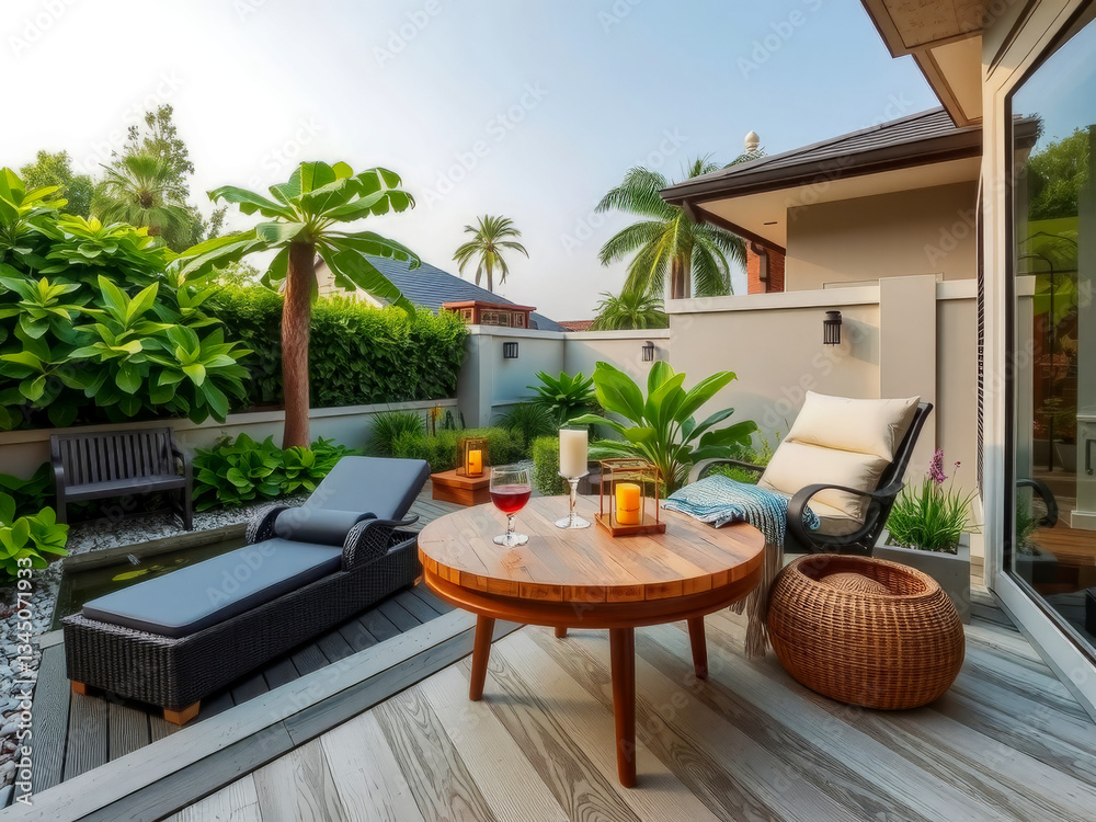 A patio with a table and chairs, a potted plant, and a palm tree. A wine glass and a wine bottle are on the table