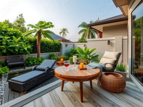 Obraz na płótnie A patio with a table and chairs, a potted plant, and a palm tree. A wine glass and a wine bottle are on the table w salonie