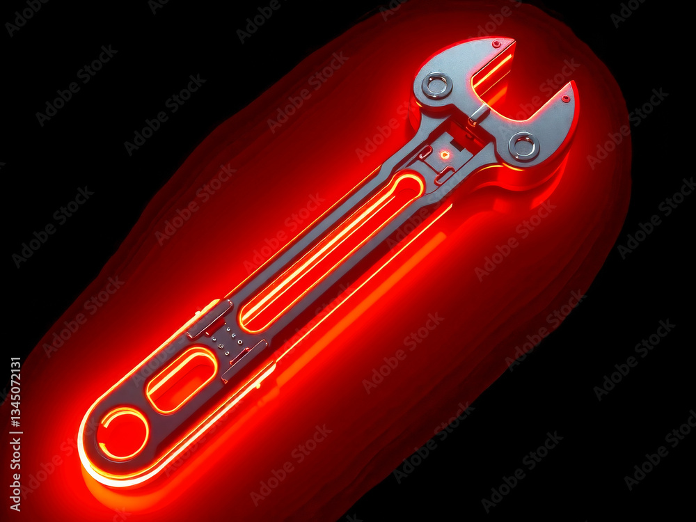 A red wrench with a glowing handle. The wrench is lit up in red and it looks like it's glowing