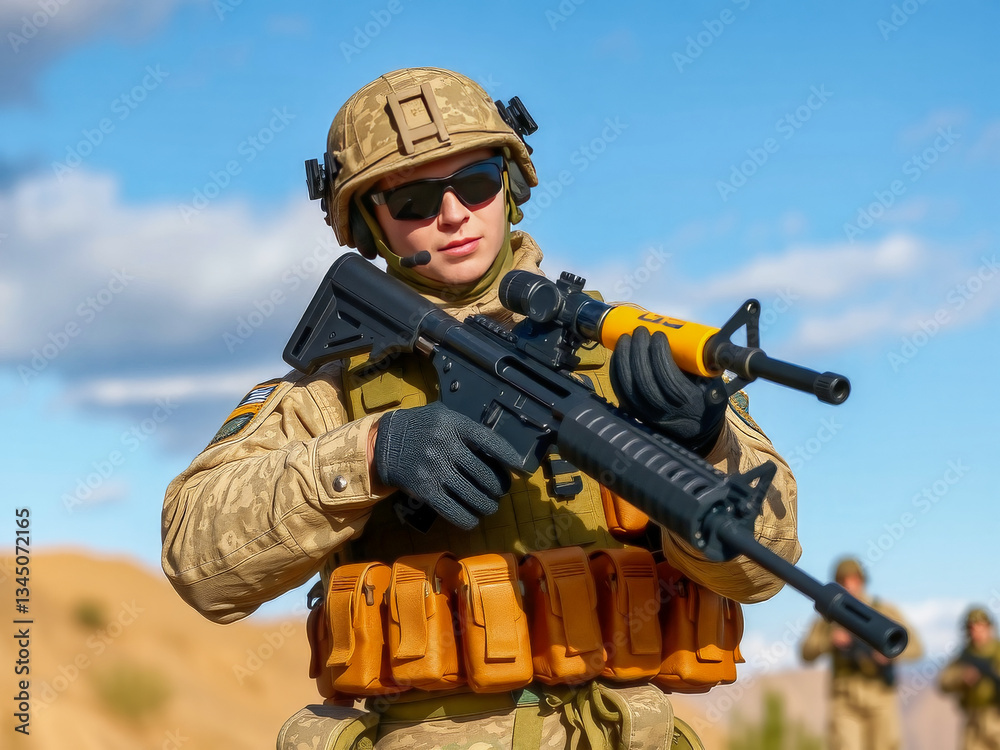 A soldier is holding a rifle and wearing a camouflage uniform. Concept of duty and readiness for action