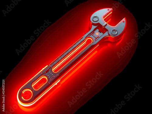 Obraz na płótnie A red wrench with a glowing handle. The wrench is lit up in red and it looks like it's glowing w salonie
