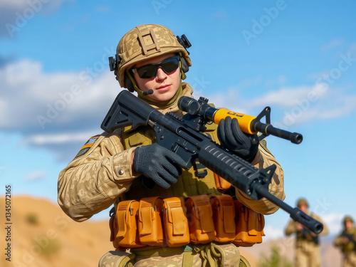 Obraz na płótnie A soldier is holding a rifle and wearing a camouflage uniform. Concept of duty and readiness for action w salonie