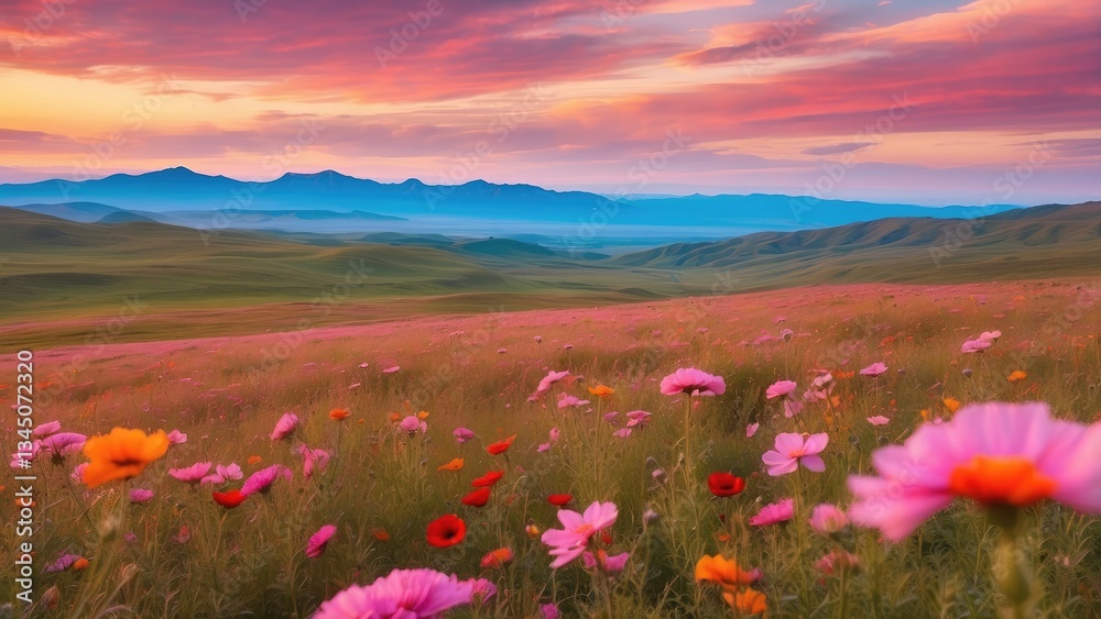 Obraz premium A vast meadow filled with vibrant wildflowers of pink, red, and orange hues.