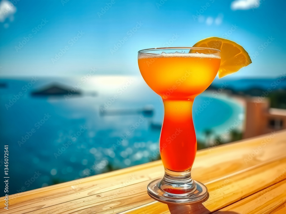 A glass of orange juice with a slice of lemon on top. The glass is on a wooden table with a view of the ocean