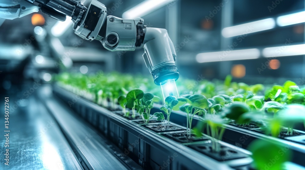 High-tech robotic arm cultivating seedlings in a modern agricultural facility High-tech robotic arm cultivating seedlings in a modern agricultural facility