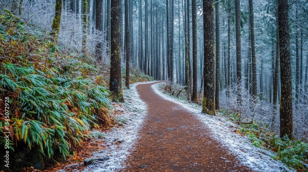Fototapeta premium Serene Winter Pathway Through Frosted Evergreen Forest with Dusting of Snow and Vibrant Greenery