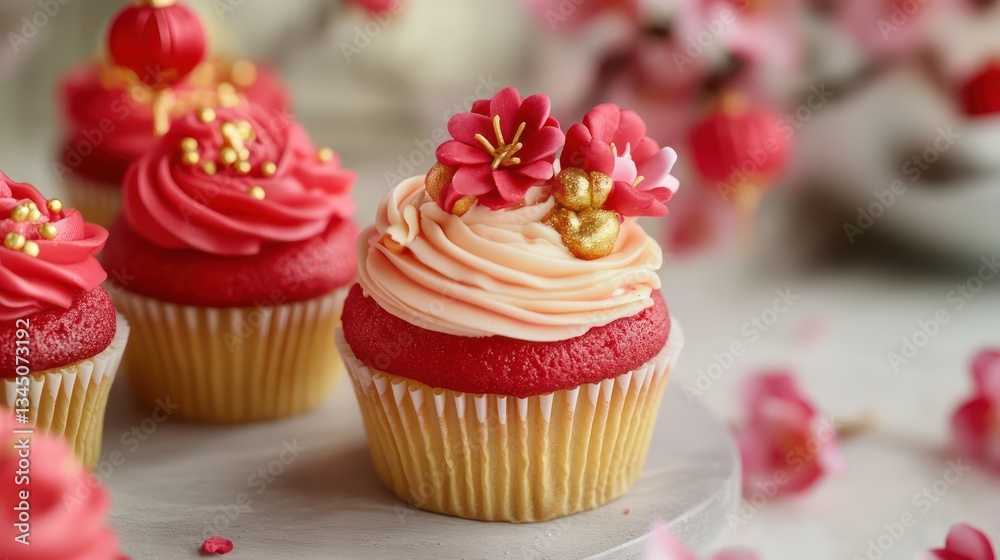 Festive red & peach cupcakes, Chinese New Year celebration, spring blossoms background Festive red & peach cupcakes, Chinese New Year celebration, spring blossoms background