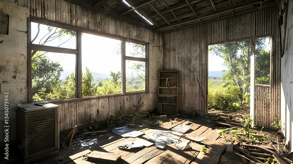 Fototapeta premium Dilapidated Interior Room with Large Windows Overlooking Lush Green Landscape and Bright Sunlight