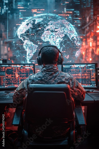 Military personnel monitors global cybersecurity threats at high-tech command center during nighttime operations