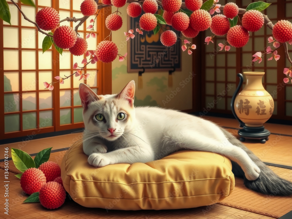 A white cat is laying on a cushion in front of a vase of red fruit. The cat is looking at the camera with a curious expression. The image has a calm and peaceful mood, with the cat