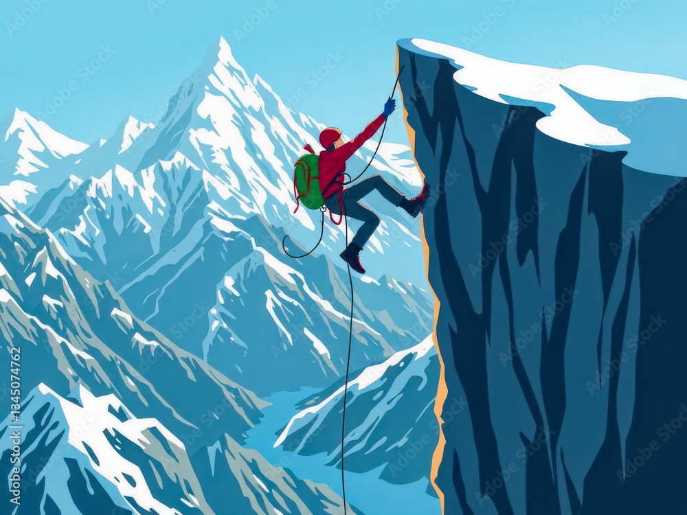 A man is climbing a mountain with a backpack. The mountain is covered in snow and the man is wearing a red jacket